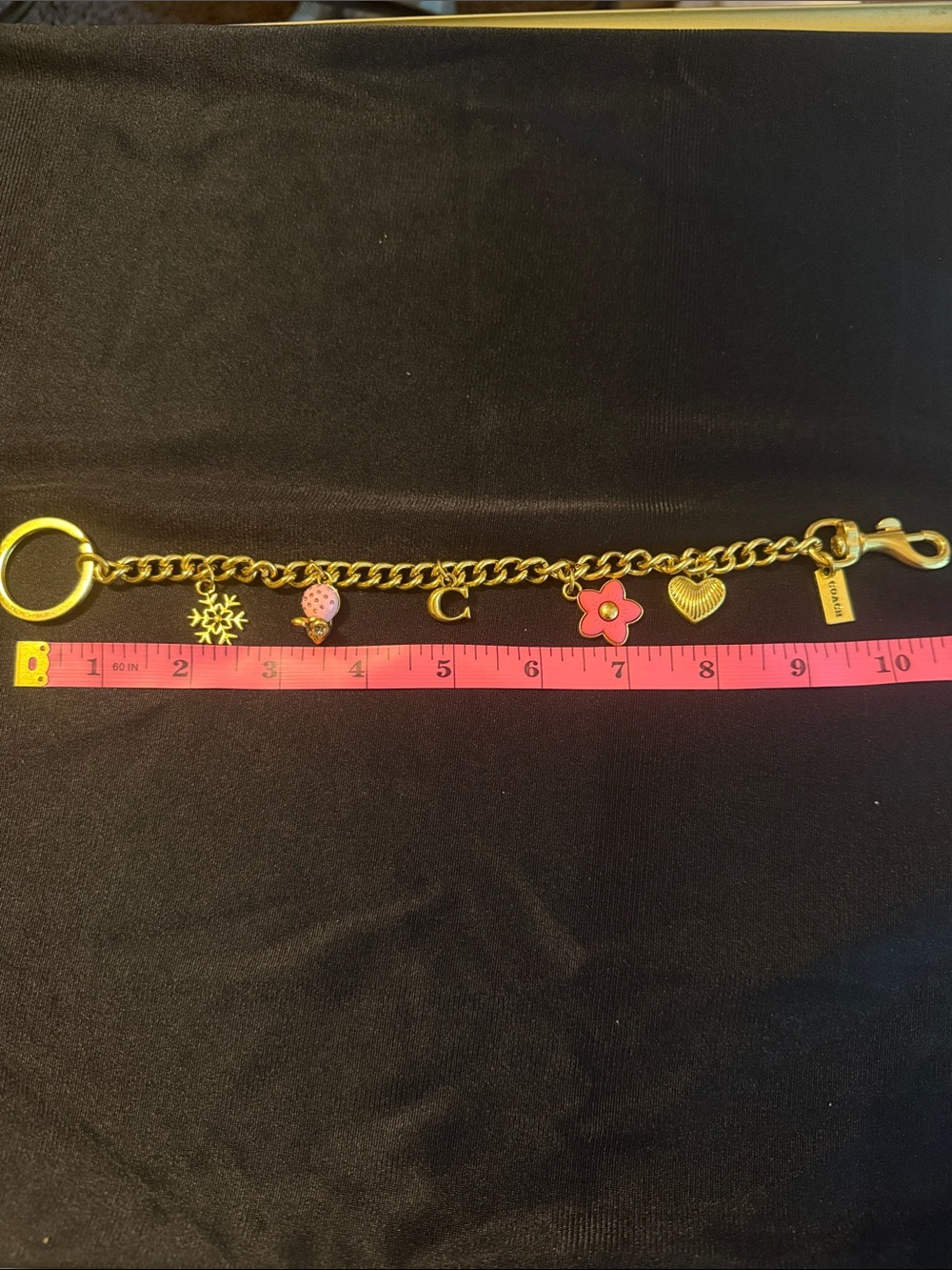 Gold Tone bag charm with Pink Flower and Heart Charms